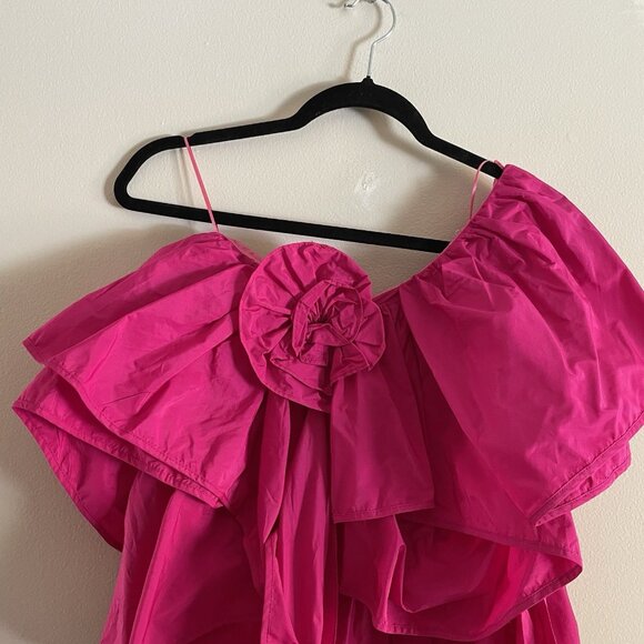 Zara Women M Fuchsia Pink 3D Rose Ruffle Asymmetric One Shoulder Voluminous Top - Picture 3 of 9